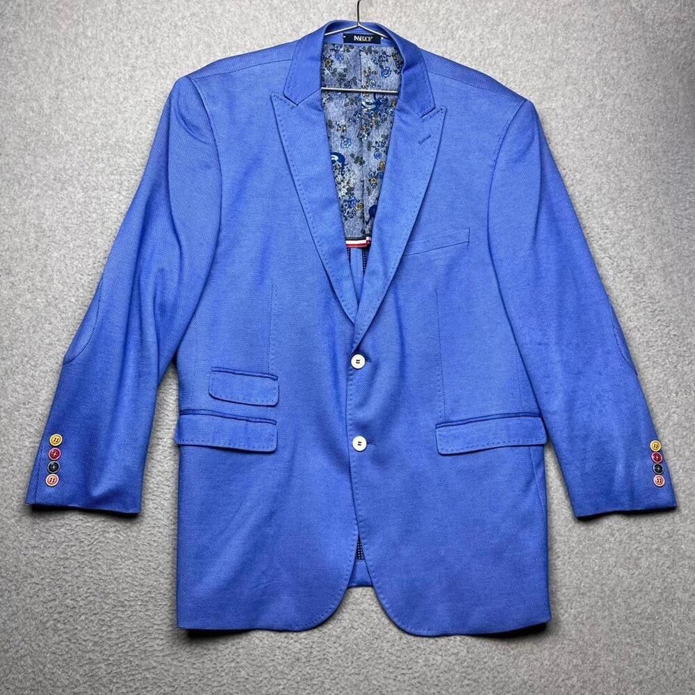 INSERCH Mens Blue Unstructured Blazer Sport Coat L Rainbow Unique Elbow Patch